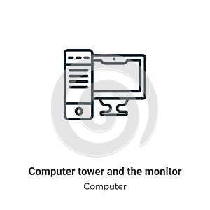 Computer tower and the monitor outline vector icon. Thin line black computer tower and the monitor icon, flat vector simple