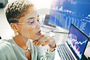 Computer, trading and face of professional woman reading fintech company metrics, banking numbers or research info