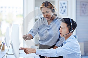 Computer, training and call center with business people in office for help, advice and customer support. Telemarketing