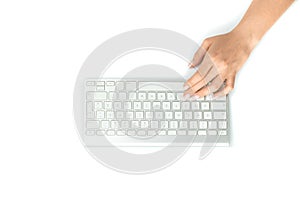 Computer training. Female online work female. Hand typing on desktop office computer keyboard. Woman using laptop. Blogger working