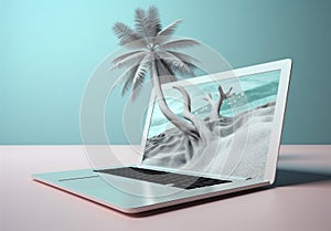 computer tropical concept tree vacation palm laptop summer travel beach. Generative AI.