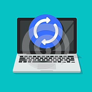 Computer updating or upgrading process vector icon, flat cartoon laptop pc and loading or synchronization symbol on