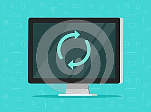 Computer updating vector illustration, flat cartoon pc with synchronize round arrows on screen, idea of connecting