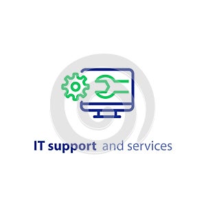 Computer upgrade, system update, software installation, repair services, IT support line icon