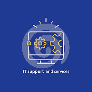 Computer upgrade, system update, software installation, repair services, IT support line icon