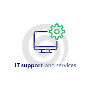 Computer upgrade, system update, software installation, repair services, IT support line icon