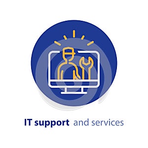 Computer upgrade, system update, software installation, repair services, IT support line icon