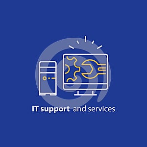 Computer upgrade, system update, software installation, repair services, IT support line icon