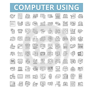 Computer using icons, line symbols, web signs, vector set, isolated illustration