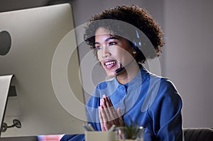 Computer video conference, customer support and professional woman consultation, discussion or conversation. Virtual