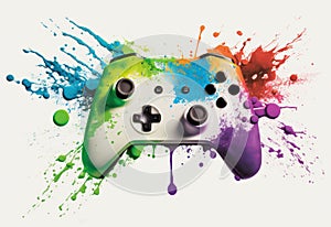 computer video game controller with exploding colourful paint. Generative ai