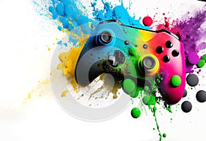 computer video game controller with exploding colourful paint. Generative ai