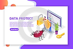 Computer virus, Data Protection isometric concept, Network data, Internet security, Secure bank transaction.