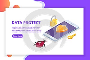 Computer virus, Data Protection isometric concept, Network data, Internet security, Secure bank transaction.