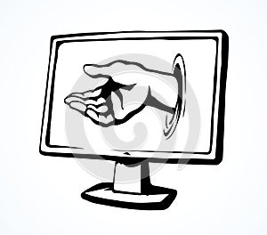 Computer virus. Hand out of the screen. Vector drawing