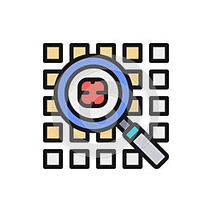 Computer virus search, security system flat color line icon.