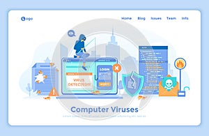 Computer Viruses and Hacker Attack. Errors detected, alert messages, bugs, open lock, infected files, broken shield. Thief hacker