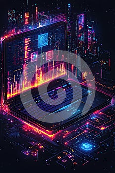 Computer visualizing digital data connections with futuristic interface