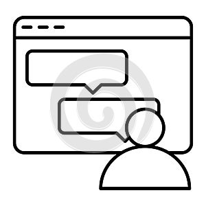Computer window with dialogue thin line icon. Messages in browser vector illustration isolated on white. User and text