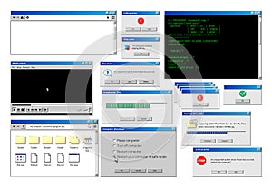 Computer window. Retro browser interface with popup error and warning windows, classic old software UI. Vector website