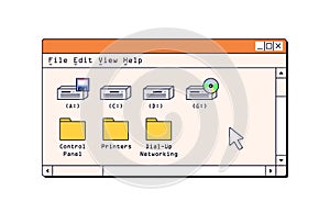 Computer window, retro interface. Old 90s nostalgic UI design, system drives, folders, files. 1990s nostalgia aesthetic