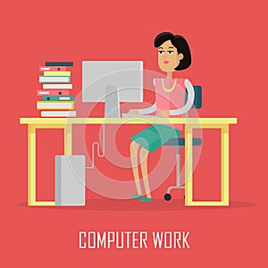 Computer Work Concept Illustration In Flat Design.