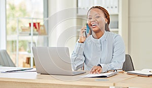 Computer working, phone communication and black woman worker multitask in a office. Happy corporate business employee