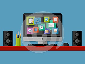 Computer workplace. Flat design.