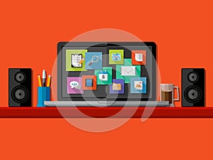 Computer workplace. Flat design.