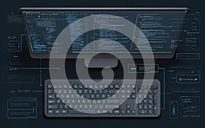 Computer workspace displaying coding and programming languages on a screen with a keyboard in a modern environment