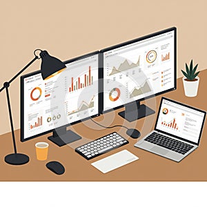 A computer workstation features two large monitors and a laptop displaying various