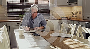 Computer, writing and senior man with headphones in home planning retirement fund, finance or saving. Technology