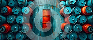 Computergenerated image of orange gas cylinder surrounded by blue cylinders. Concept 3D Rendering, photo