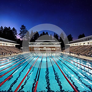 A computergenerated scene depicting a vibrant high school swimming meet at night. Concept Computer-generated scene, High school photo