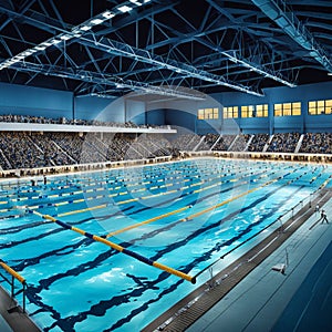 A computergenerated scene depicting a vibrant high school swimming meet at night. Concept Computer-generated scene, High school photo