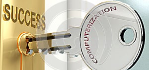 Computerization and success - pictured as word Computerization on a key, to symbolize that Computerization helps achieving success