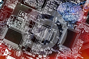 Computerized, circuitboard and human brain photo