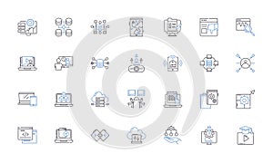Computerized line icons collection. Automated, Digitalized, Programmed, Electronic, Mechanized, Robotized, Technological