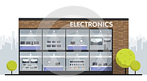 Computers and electronics store building and interior, laptops mobile phones and television screens showcase and city skyline on b