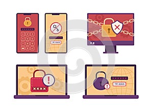 Computers and Mobile Phones with Error Lock Screen Warning for Cyber Crime Concept Illustration