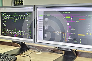 Computers and monitors with schematic diagram for supervisory, control and data acquisition photo