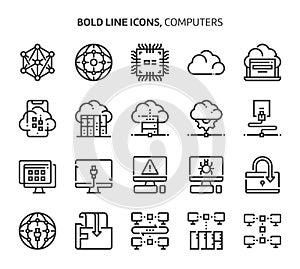 Computers and networking, bold line icons