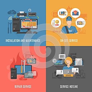 Computers repair 4 flat icons square