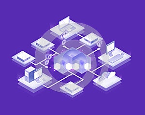 Computers and servers connected into blockchain formation, Bitcoin network. Cryptocurrency service, decentralized and