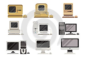 Computers set, PC evolution from obsolete to modern vector Illustrations on a white background
