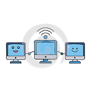 Computers wirelessly connected form a seamless digital network, sharing data through