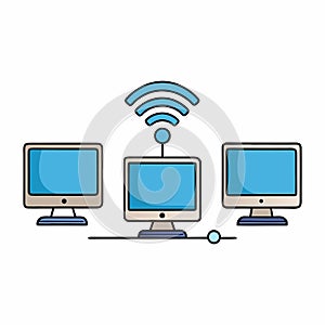 Computers wirelessly connected form a seamless digital network, sharing data