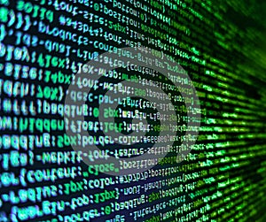 Computing, cyberspace , future and innovation concept. Developer working on program codes. Matrix byte of binary data rian code