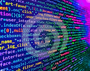 Computing, cyberspace , future and innovation concept. Programming source code abstract screen of software developer. HTML and CSS