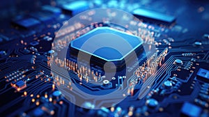 Computing processor, CPU, microchip and electronic circuit board. Advanced technology conceptual background